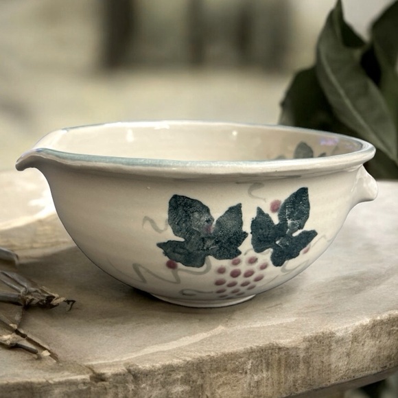 Handmade Bowl w/ Grape vines/ leaves. Singed by artist. Handle/ lip for pouring - Picture 1 of 9